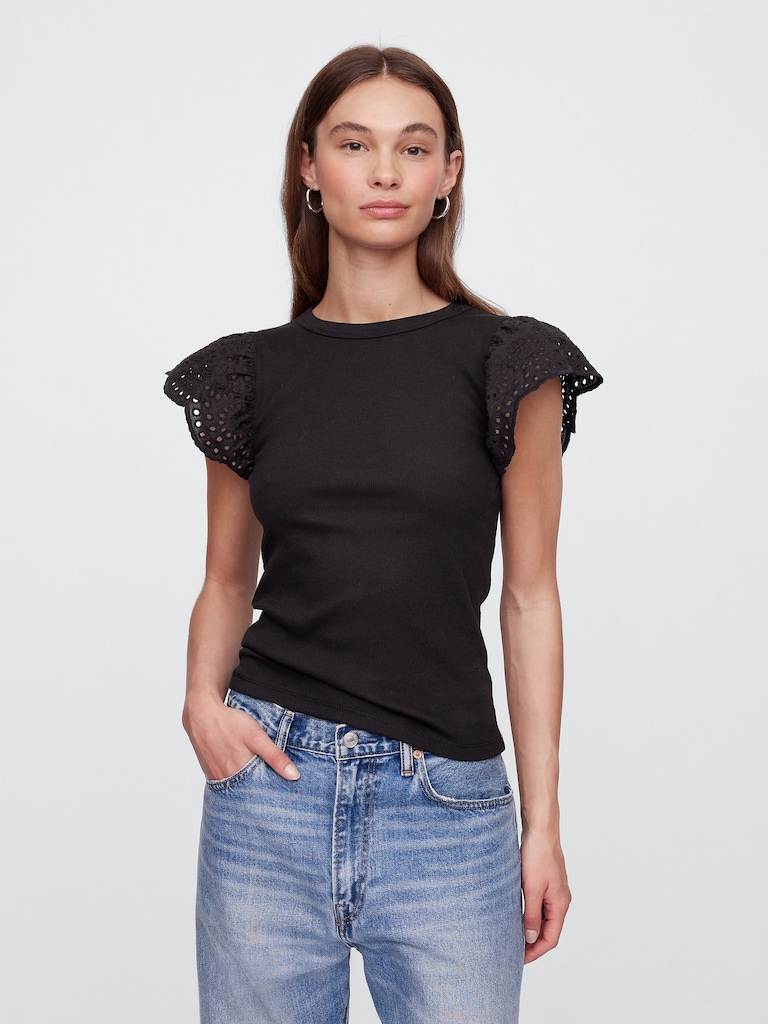 Ribbed Eyelet Flutter Sleeve T-Shirt