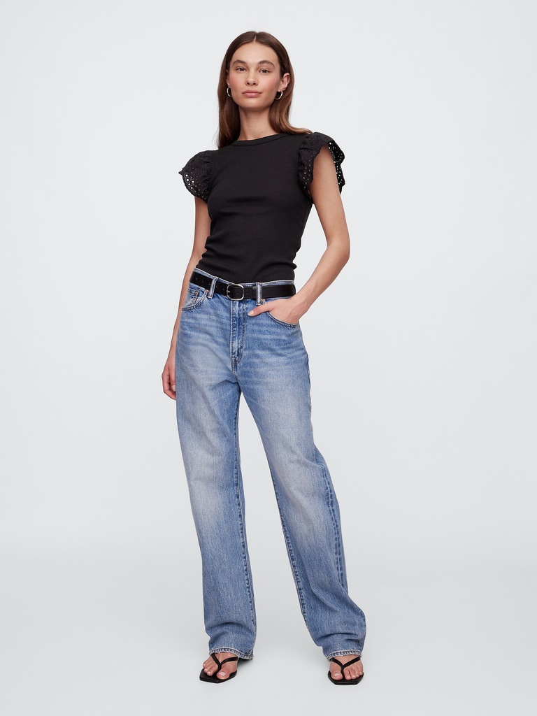 Ribbed Eyelet Flutter Sleeve T-Shirt