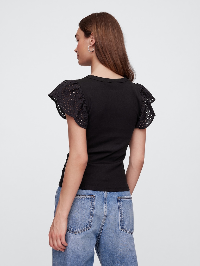 Ribbed Eyelet Flutter Sleeve T-Shirt