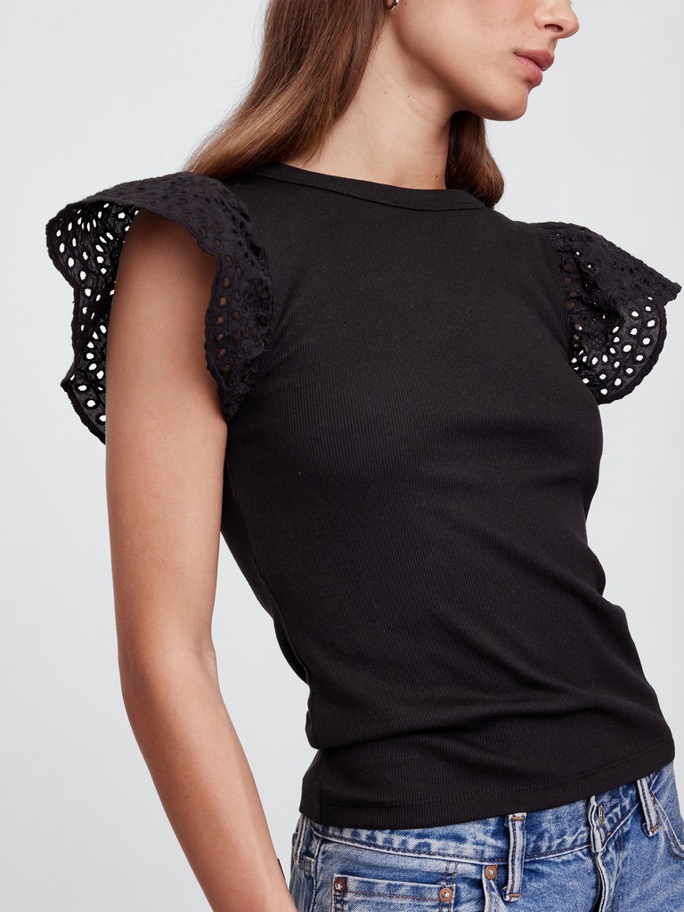 Ribbed Eyelet Flutter Sleeve T-Shirt