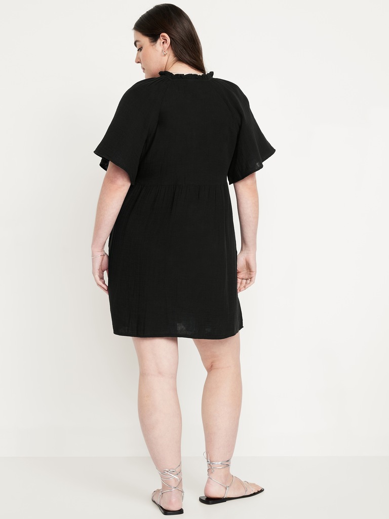 Split-Neck Crinkle Gauze Mini Swing Dress