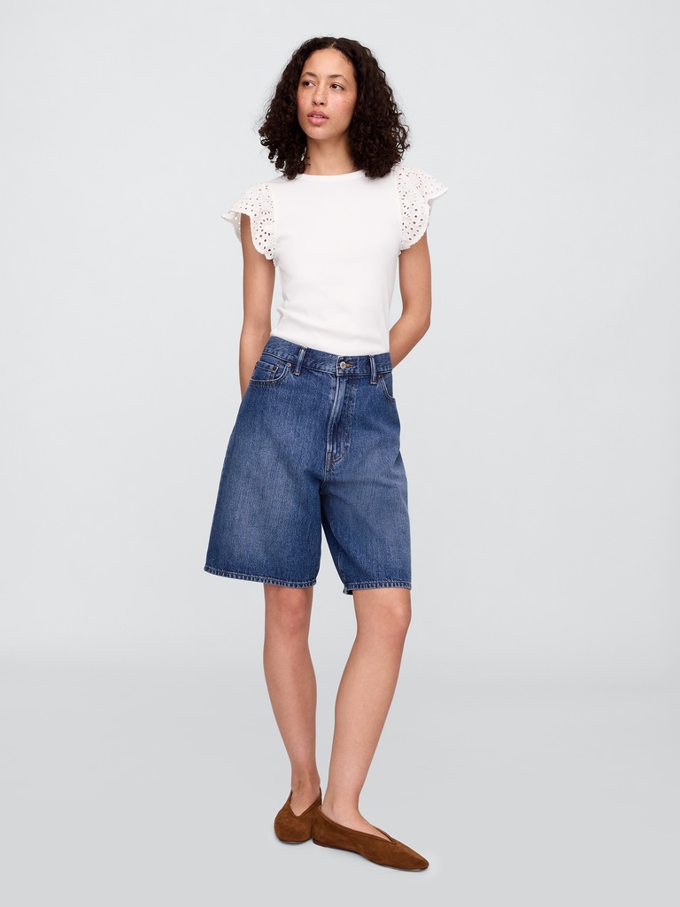 Ribbed Eyelet Flutter Sleeve T-Shirt