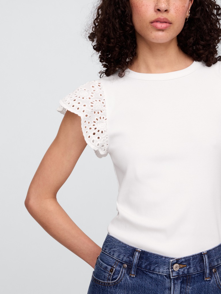 Ribbed Eyelet Flutter Sleeve T-Shirt