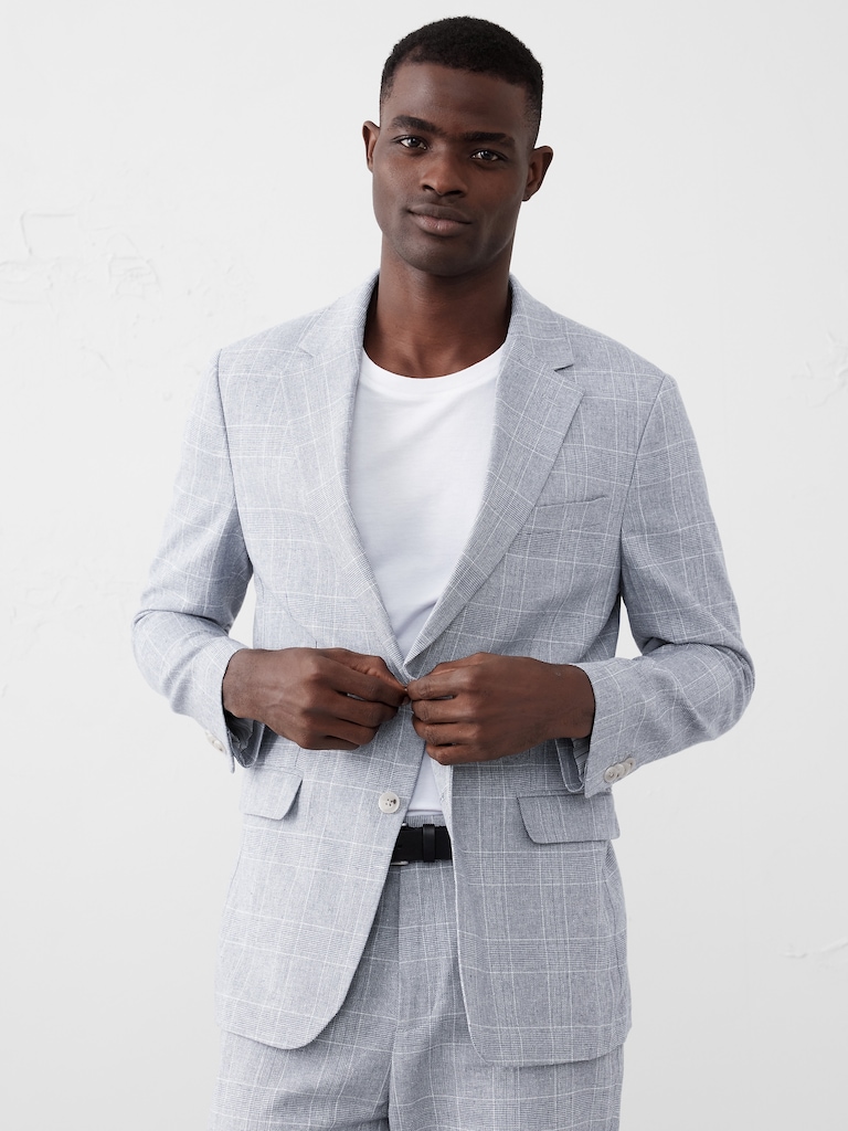 Tailored-Fit Linen-Blend Glen Plaid Suit Jacket