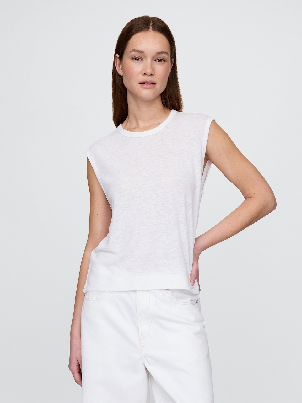 Linen-Blend Crewneck Shell Tank Top