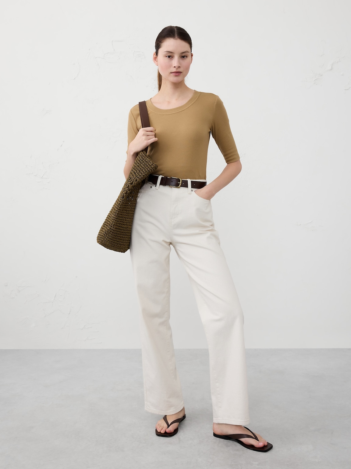 Ribbed Elbow-Sleeve T-Shirt