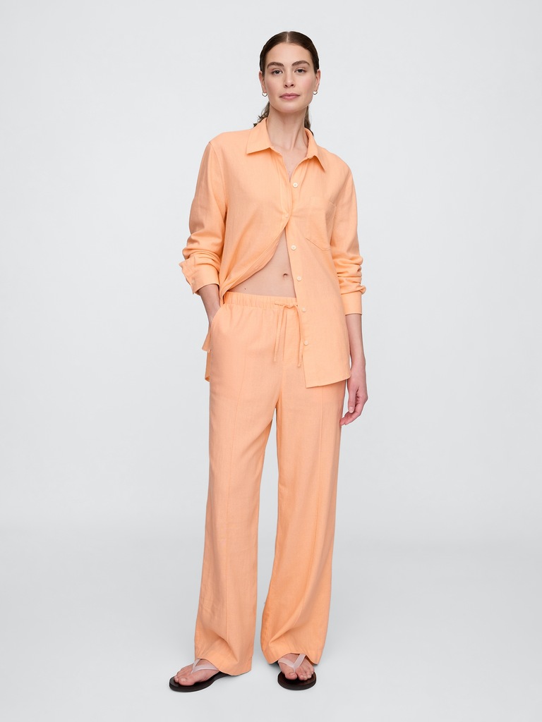 Mid Rise Linen-Blend Pull-On Wide-Leg Pants