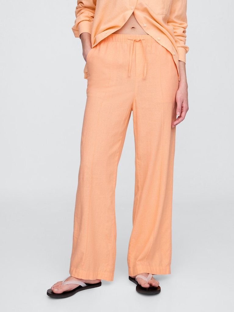 Mid Rise Linen-Blend Pull-On Wide-Leg Pants