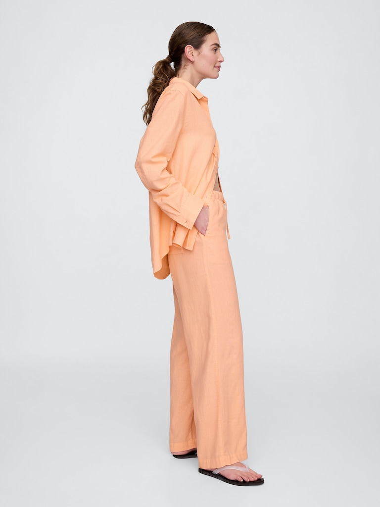 Mid Rise Linen-Blend Pull-On Wide-Leg Pants