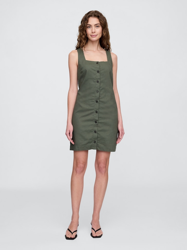 Linen-Blend Button-Front Mini Dress