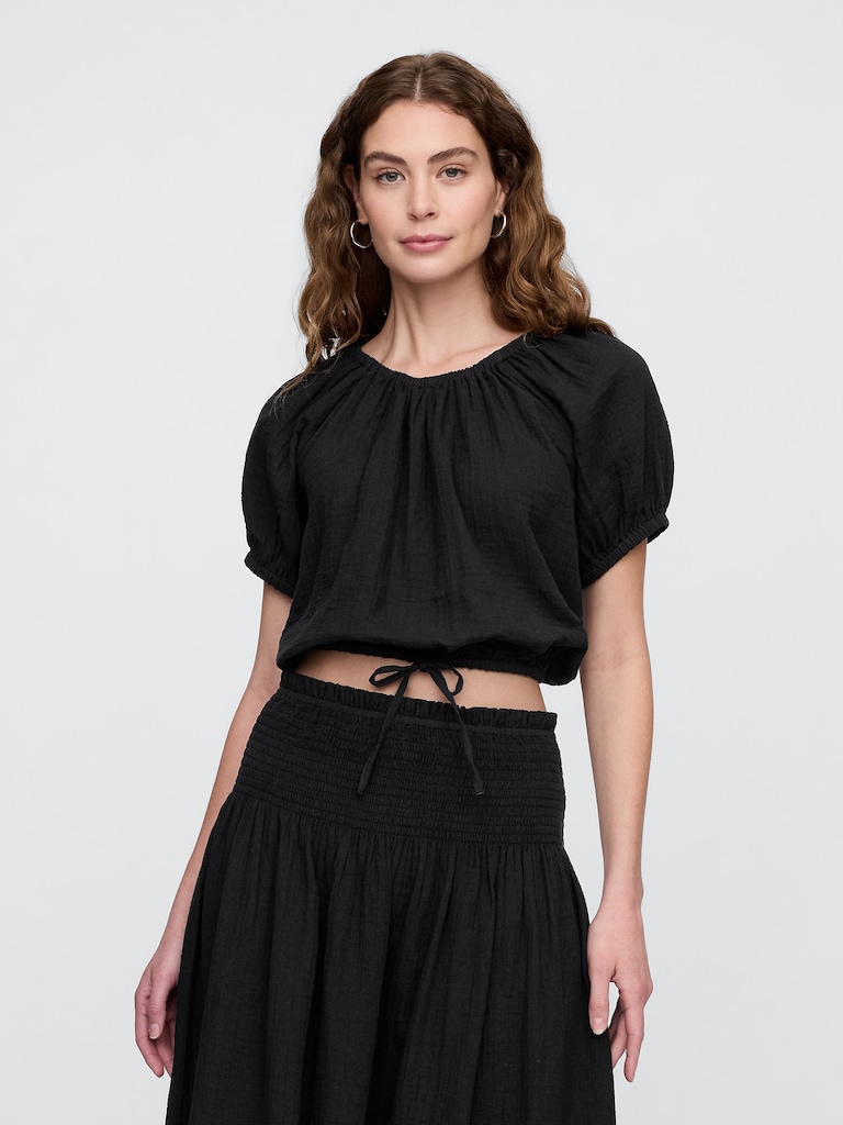 Relaxed Gauze Tie-Hem Top