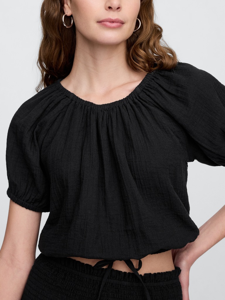 Relaxed Gauze Tie-Hem Top