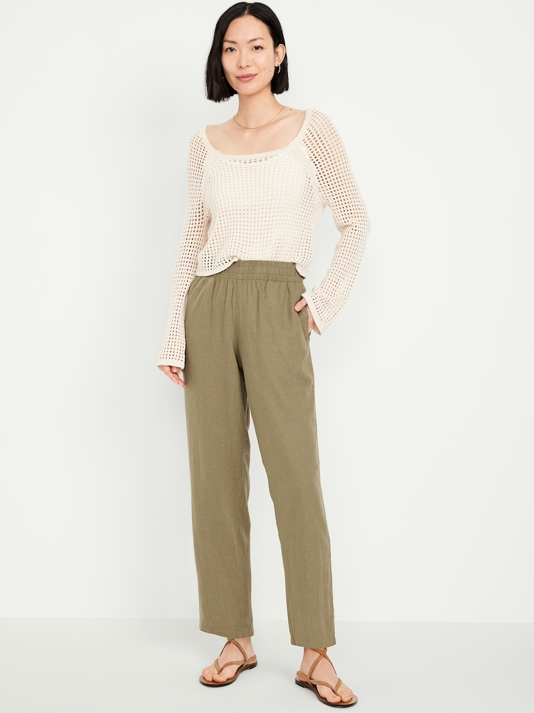 High-Waisted Linen-Blend Straight Ankle Pants