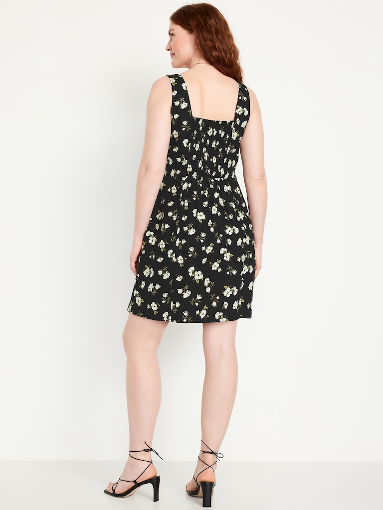 Square-Neck Linen-Blend Floral Mini Dress