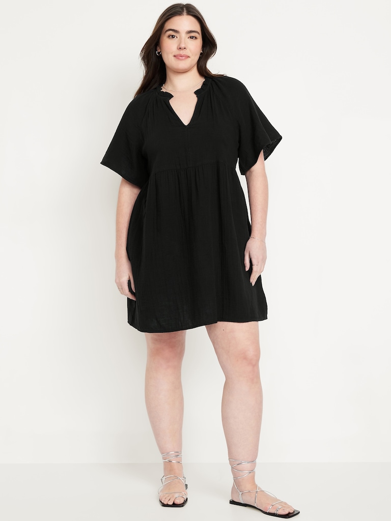 Split-Neck Crinkle Gauze Mini Swing Dress