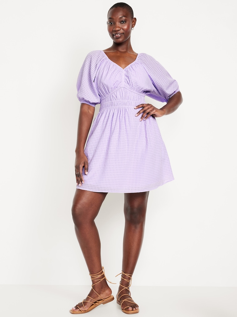 Waist-Defined Puff-Sleeve Seersucker Mini Dress