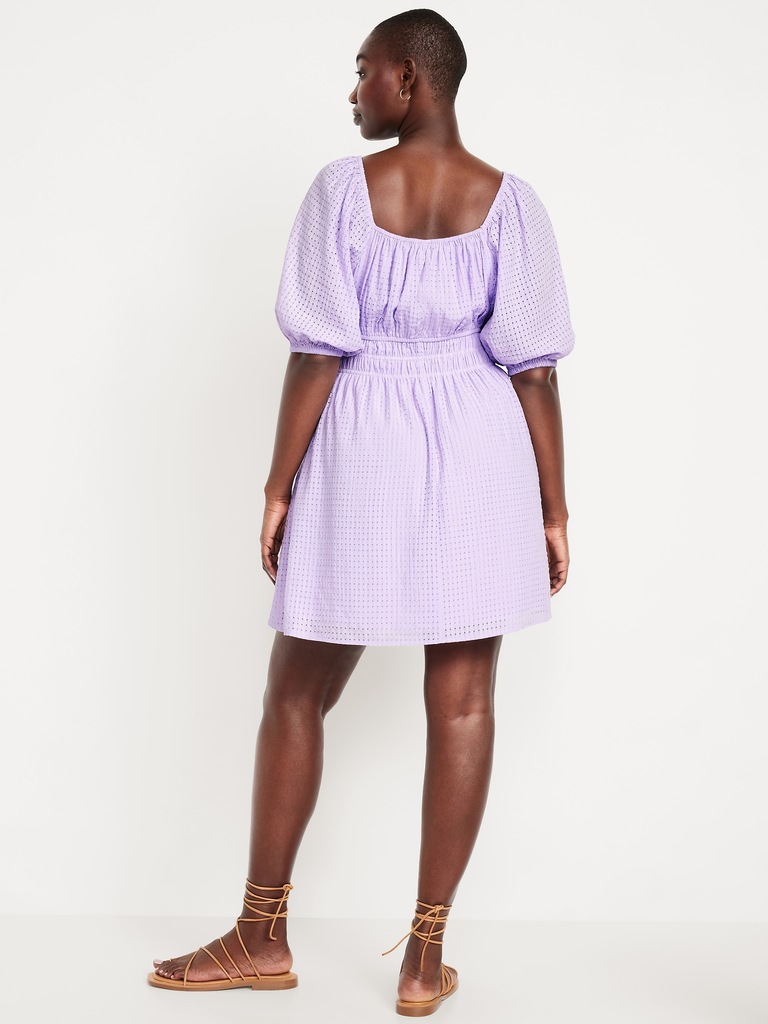 Waist-Defined Puff-Sleeve Seersucker Mini Dress