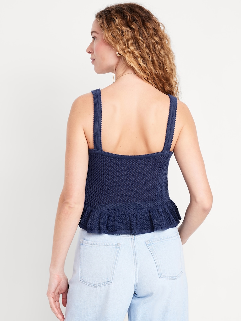 Sleeveless Open-Stitch Peplum Sweater