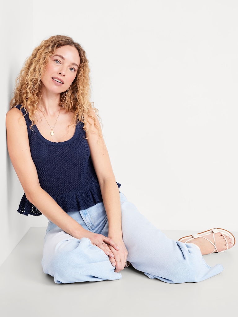 Sleeveless Open-Stitch Peplum Sweater