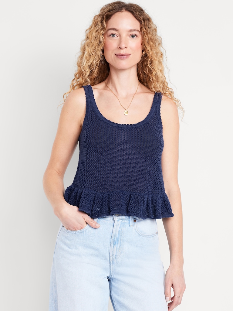 Sleeveless Open-Stitch Peplum Sweater