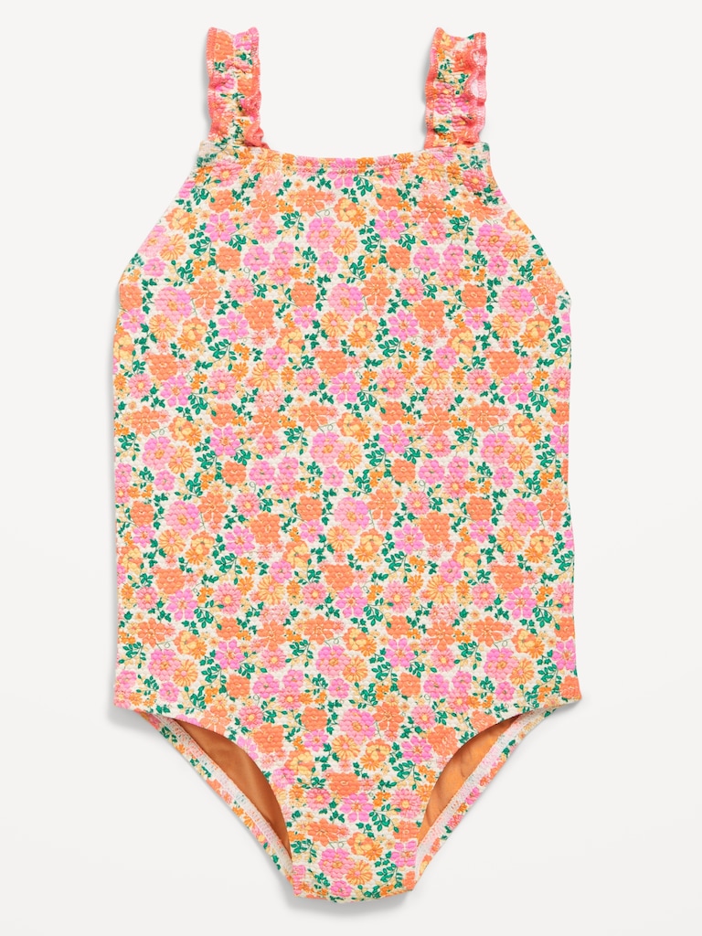 Printed Textured Ruffle-Strap One-Piece Swimsuit for Toddler Girls
