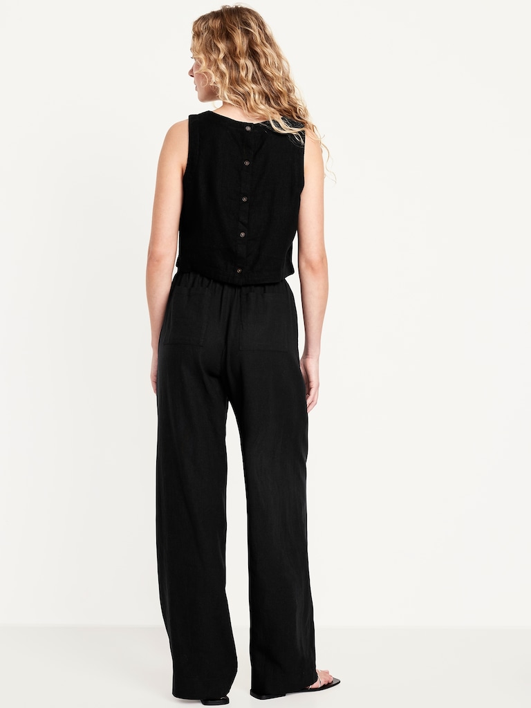 High-Waisted Linen-Blend Straight Pants