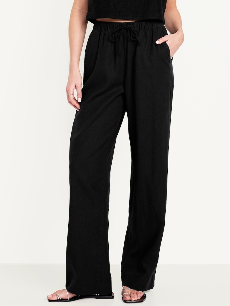 High-Waisted Linen-Blend Straight Pants