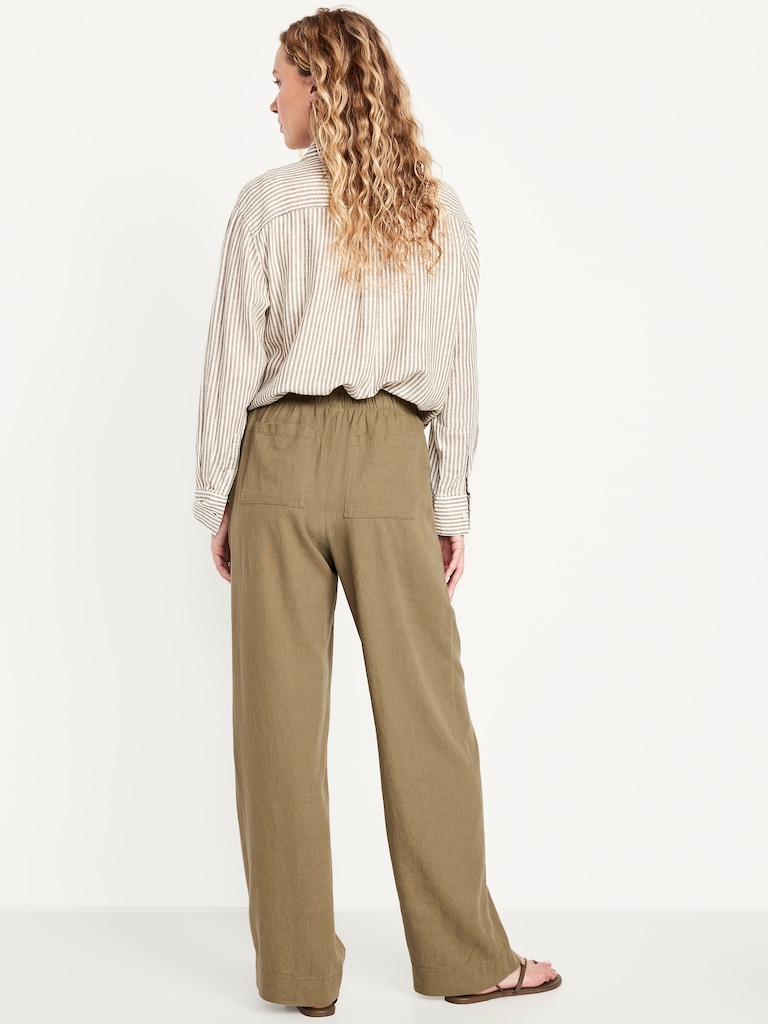 High-Waisted Linen-Blend Straight Pants