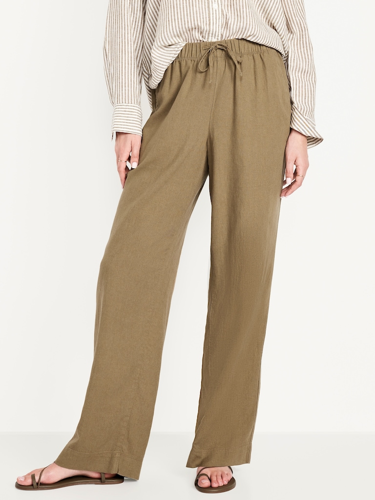 High-Waisted Linen-Blend Straight Pants