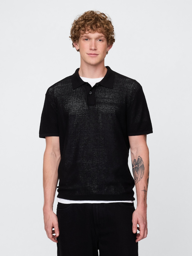 Textured Crochet Polo Sweater