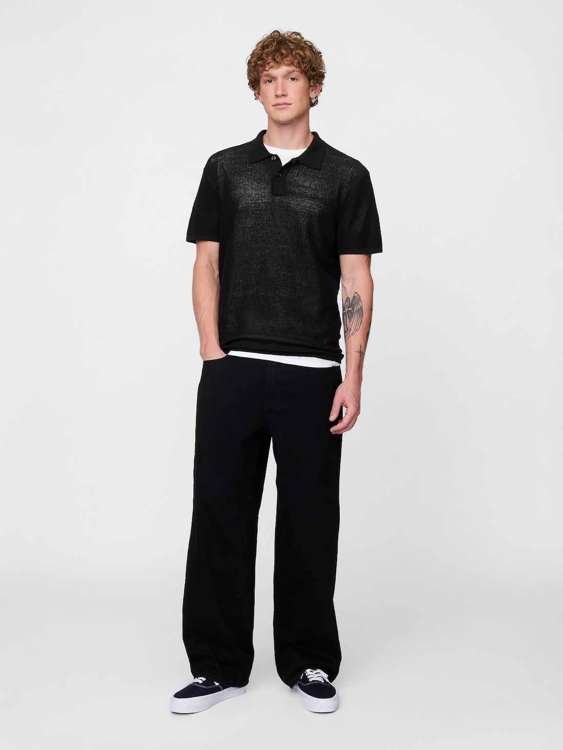 Textured Crochet Polo Sweater