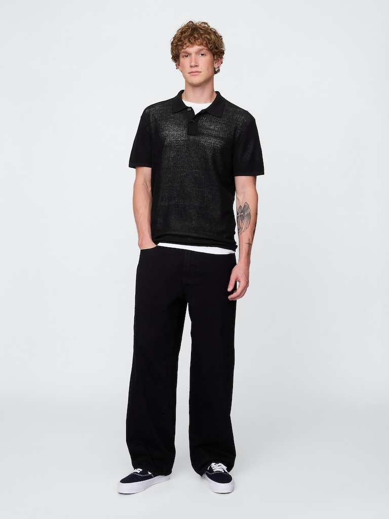 Textured Crochet Polo Sweater