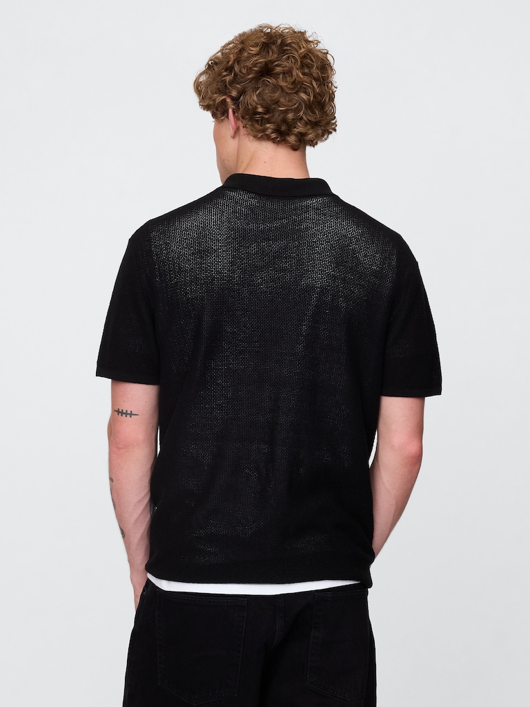 Textured Crochet Polo Sweater