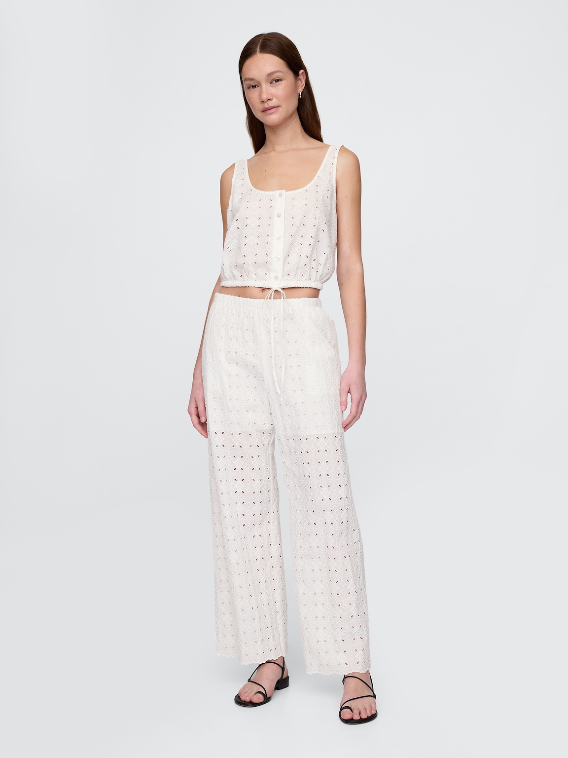 Mid Rise Eyelet Easy Wide-Leg Pants