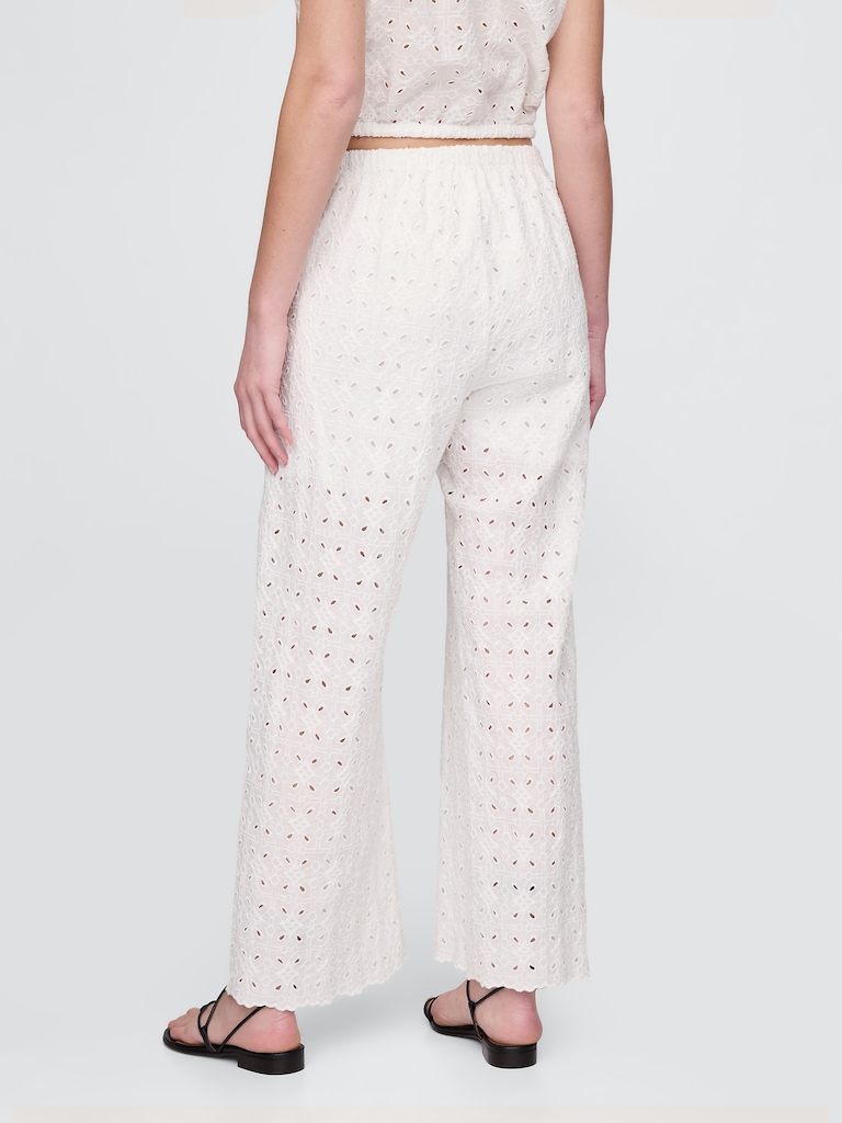 Mid Rise Eyelet Easy Wide-Leg Pants