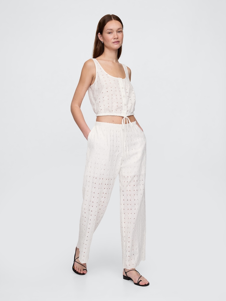 Mid Rise Eyelet Easy Wide-Leg Pants
