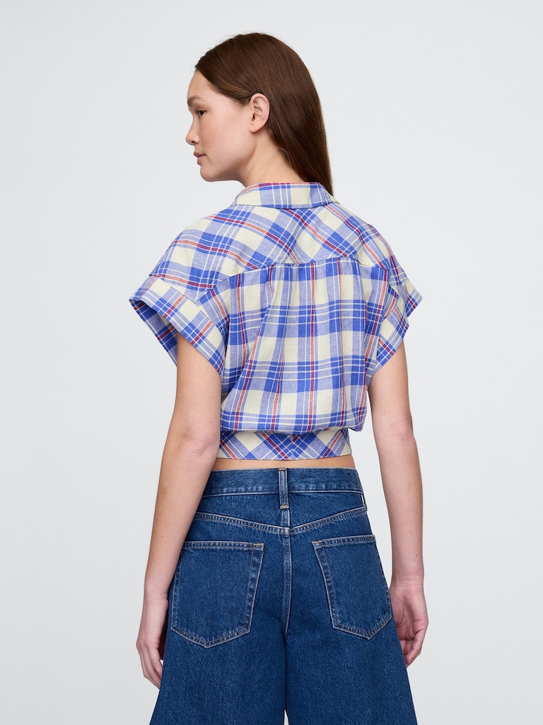 Linen-Blend Tie-Front Crop Shirt