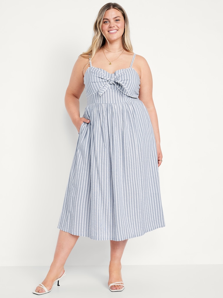 Fit & Flare Tie-Front Seersucker Midi Dress
