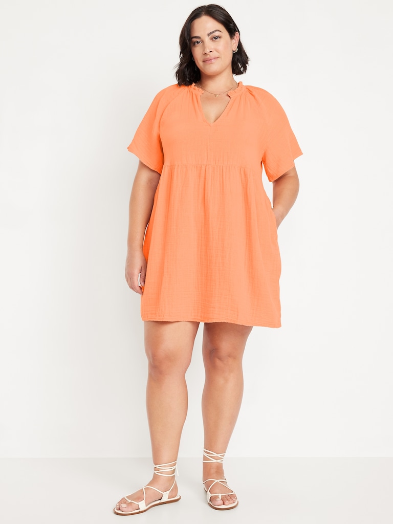 Split-Neck Crinkle Gauze Mini Swing Dress