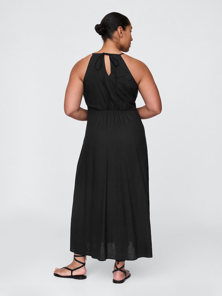 Linen-Blend Embroidered Halter Maxi Dress