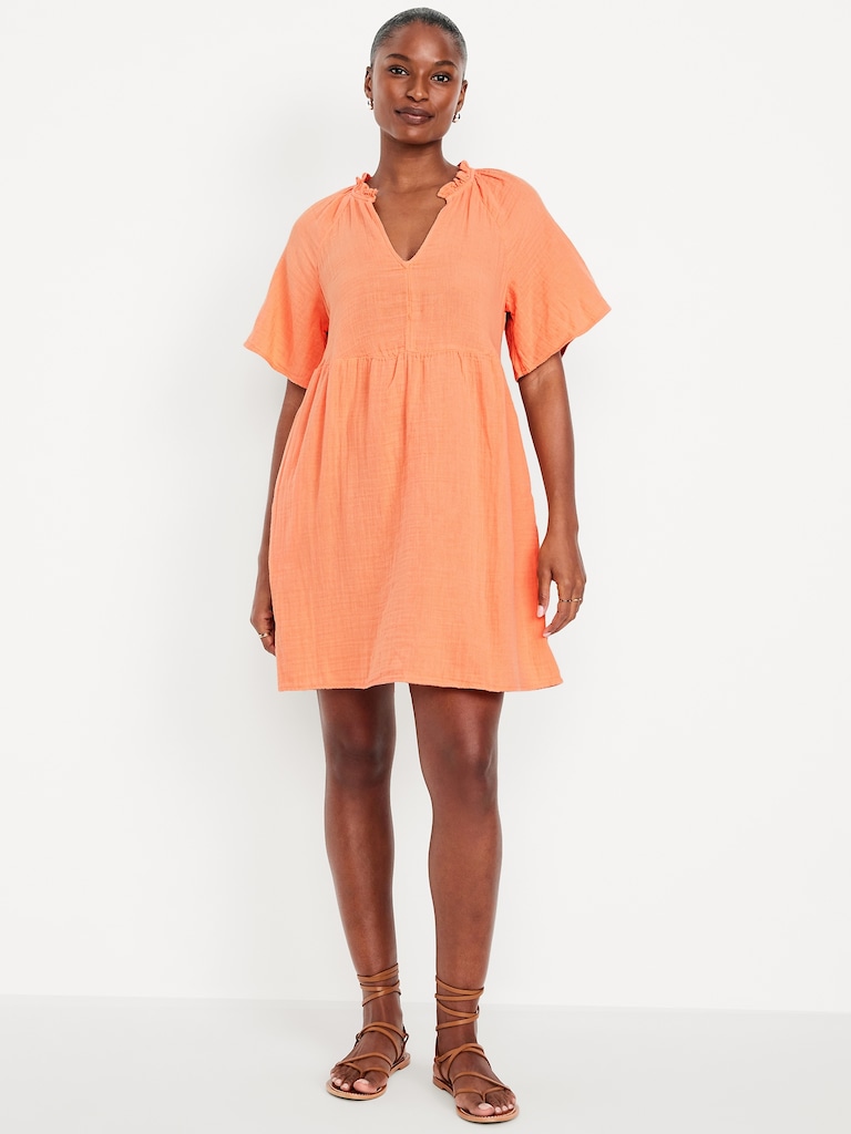 Split-Neck Crinkle Gauze Mini Swing Dress