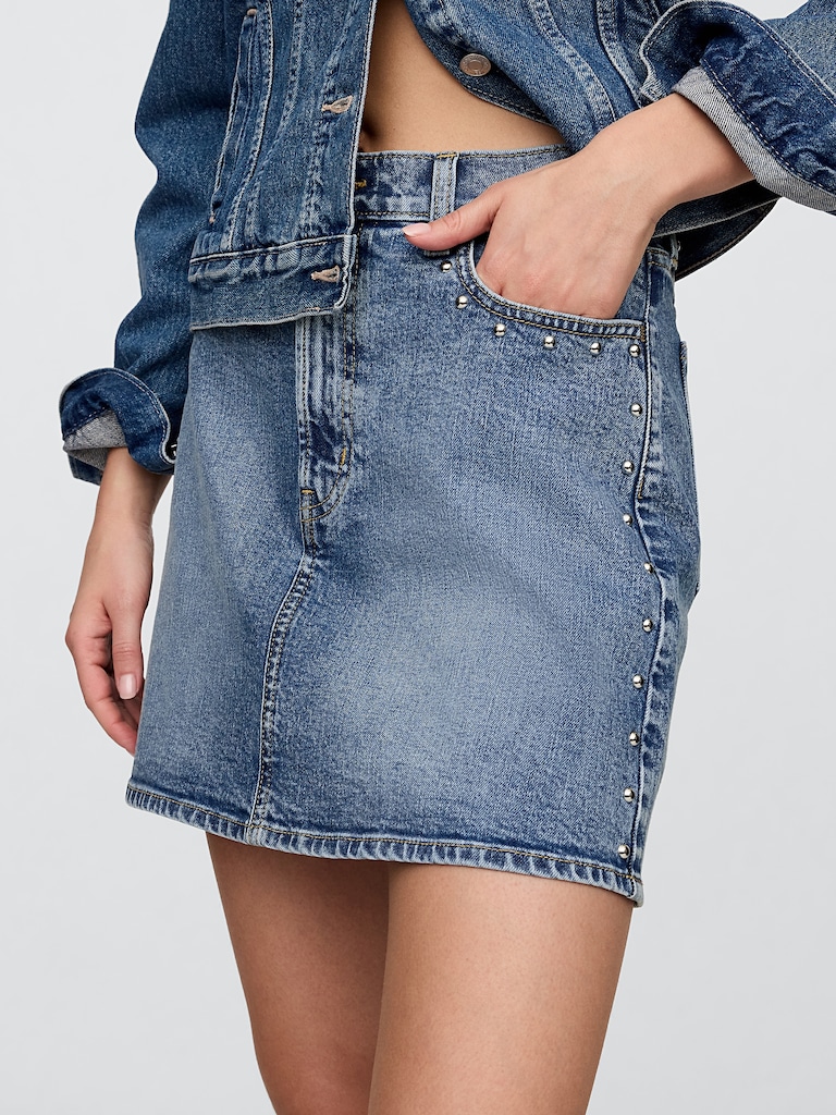 High Rise Studded Denim Mini Skirt