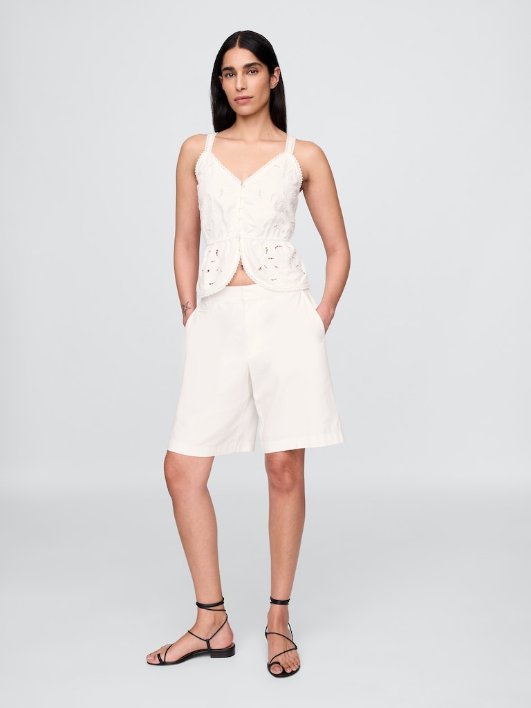 Linen-Blend Eyelet Peplum Top