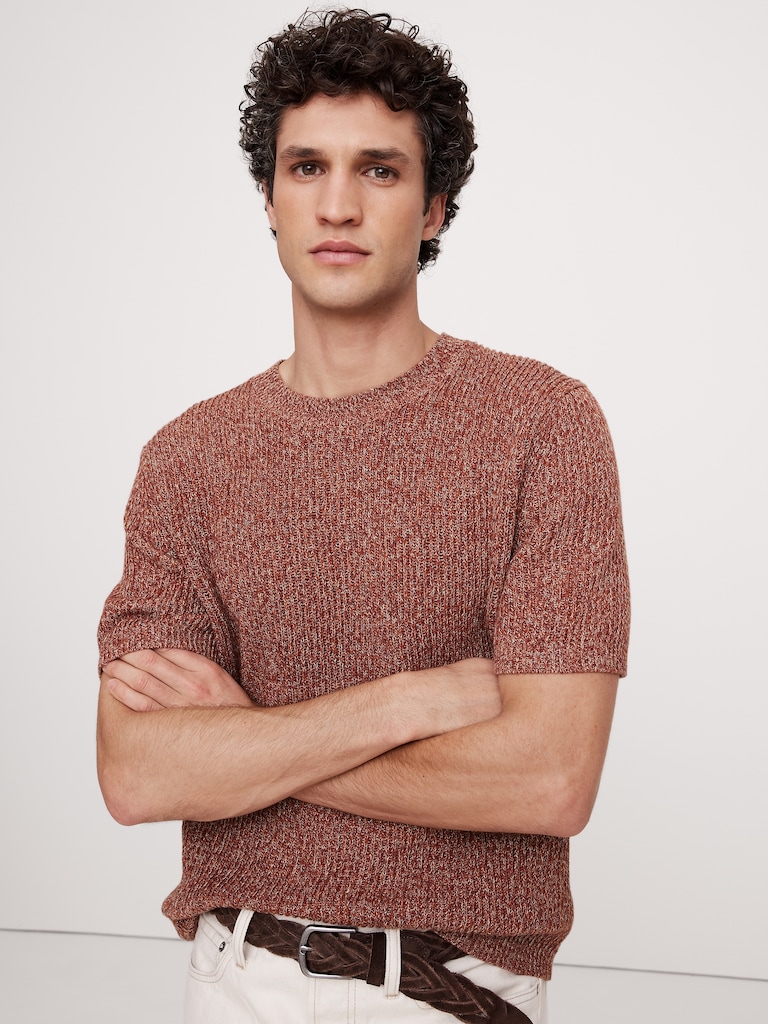 Ribbed Linen-Cotton Short-Sleeve Sweater