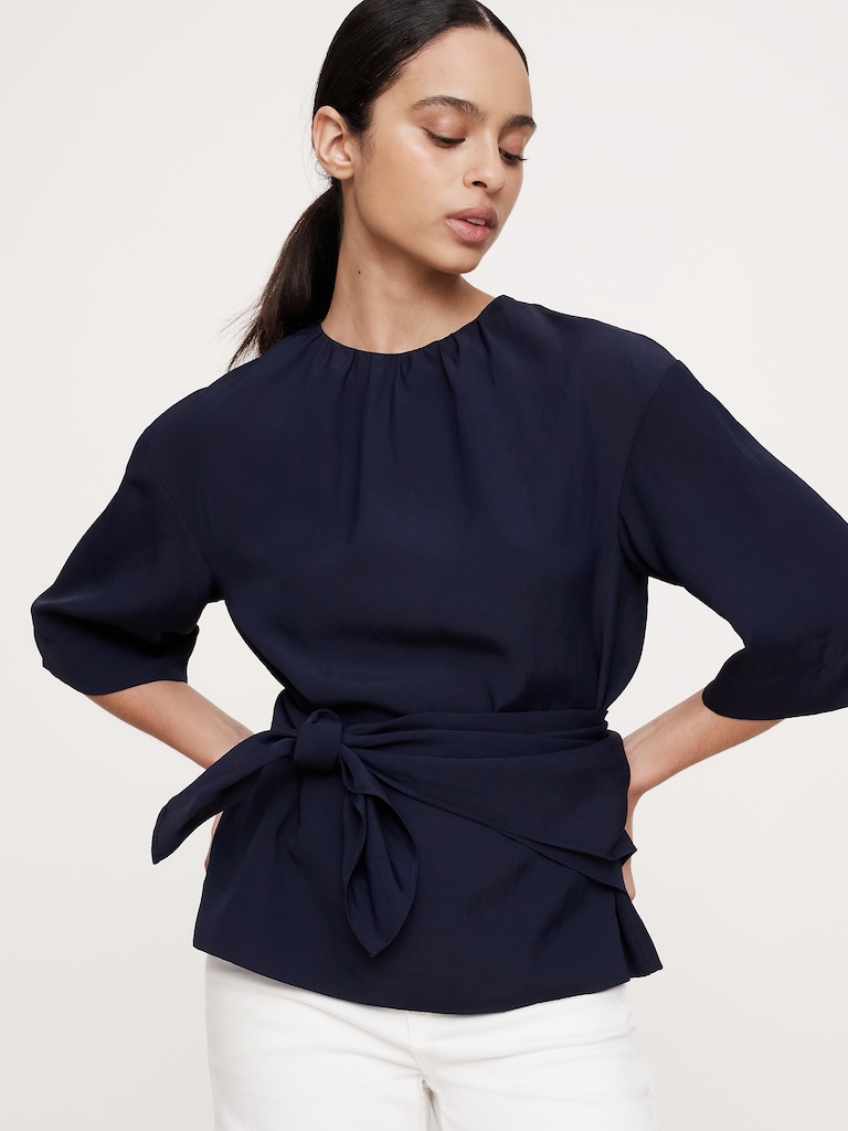 Viscose-Linen Dupioni Tie-Waist Top