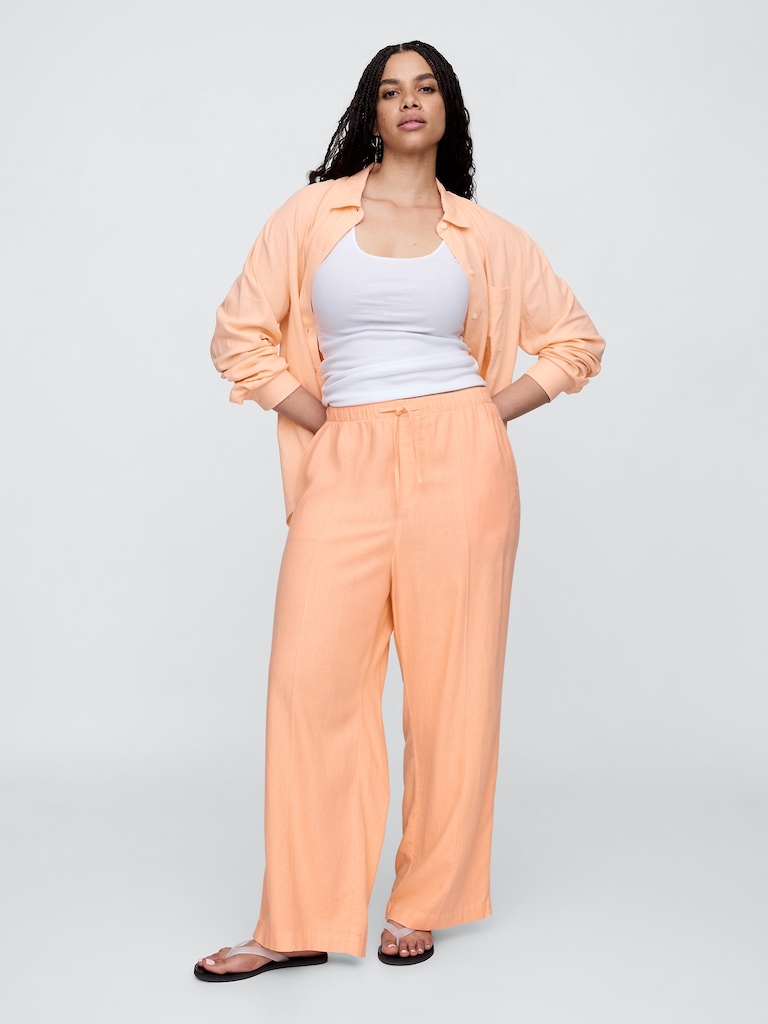Mid Rise Linen-Blend Pull-On Wide-Leg Pants