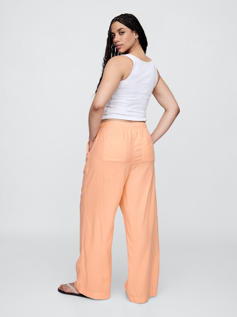 Mid Rise Linen-Blend Pull-On Wide-Leg Pants
