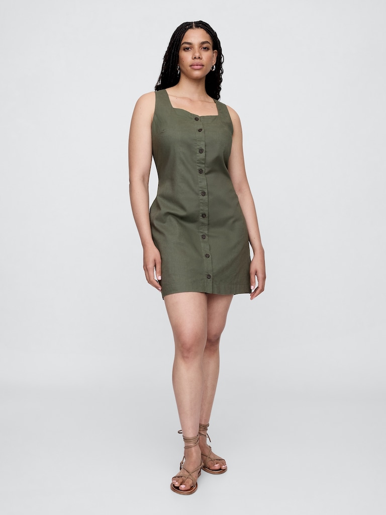 Linen-Blend Button-Front Mini Dress