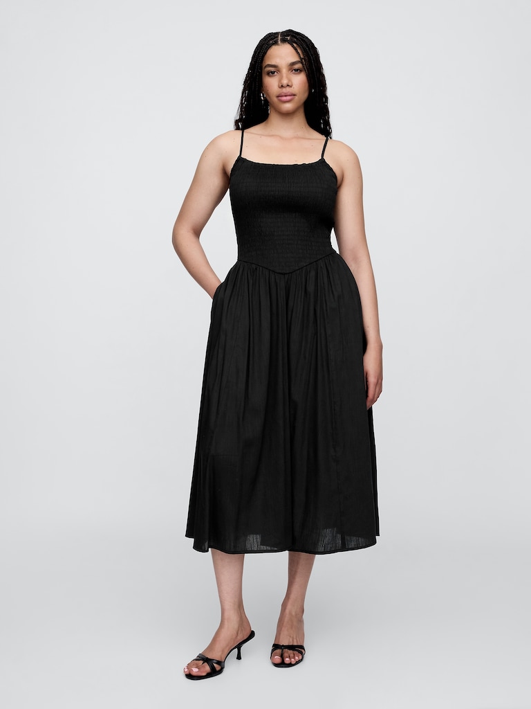 Smocked Dip-Waist Midi Dress