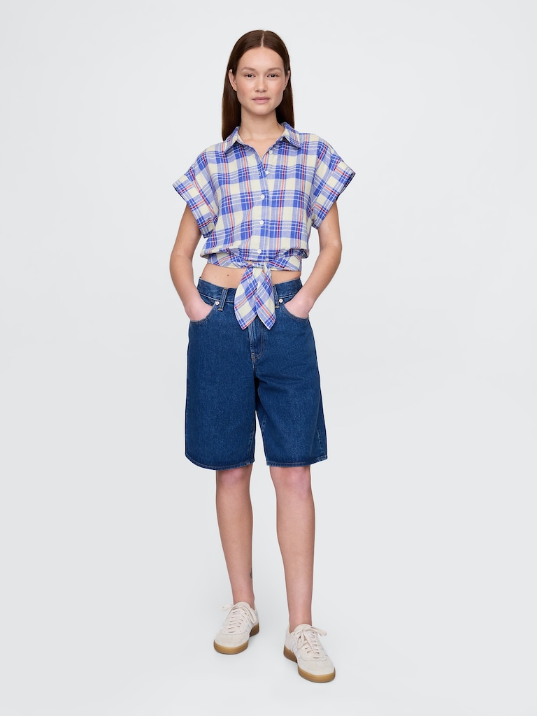 Linen-Blend Tie-Front Crop Shirt